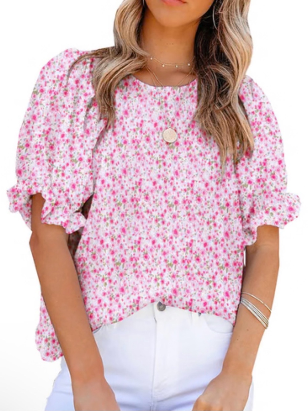 NWT zeagoo Pink Floral Puff Sleeve Blouse SIZE L